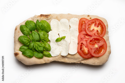 pizza in the shape of the Italian flag on a white background