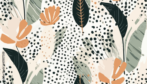 Hand drawn modern plant abstract print. Creative collage seamless pattern. Fashionable template for design