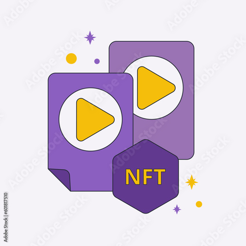 NFT video vector icon. Cryptoart and Collectibles exchanging technology network virtual blockchain marketplace concept.
