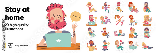 Quarantine, stay at home concept series - people sitting at their home, room or apartment, practicing yoga, enjoying meditation, relaxing on sofa, reading books, baking and listening to the music.
