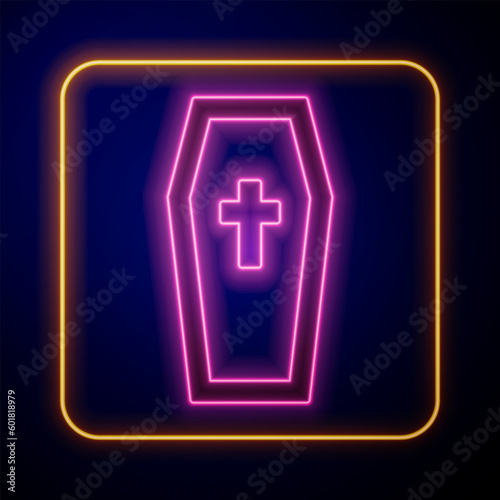 Glowing neon Coffin with christian cross icon isolated on black background. Happy Halloween party. Vector