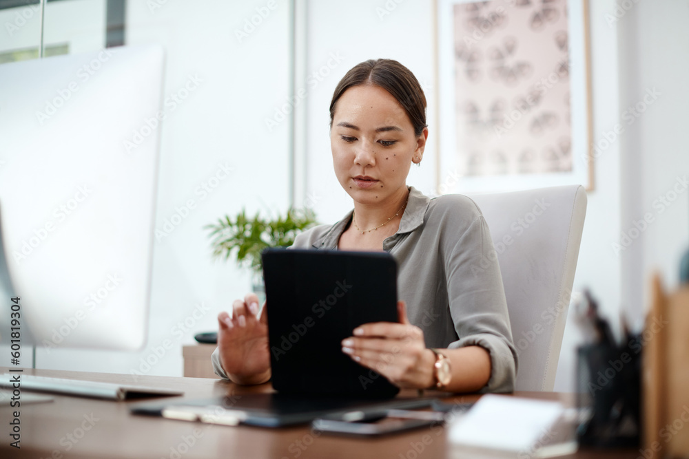 Tablet, computer and business woman in office for website analysis, online management and technology solution. Planning, typing or scroll of asian person, worker or employee on digital technology app Tablet, computer and business woman in office for website analysis, online management and technology solution. Planning, typing or scroll of asian person, worker or employee on digital technology app