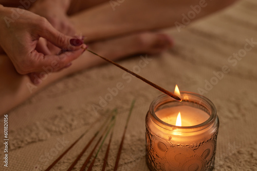 meditation at home, aroma sticks and candles