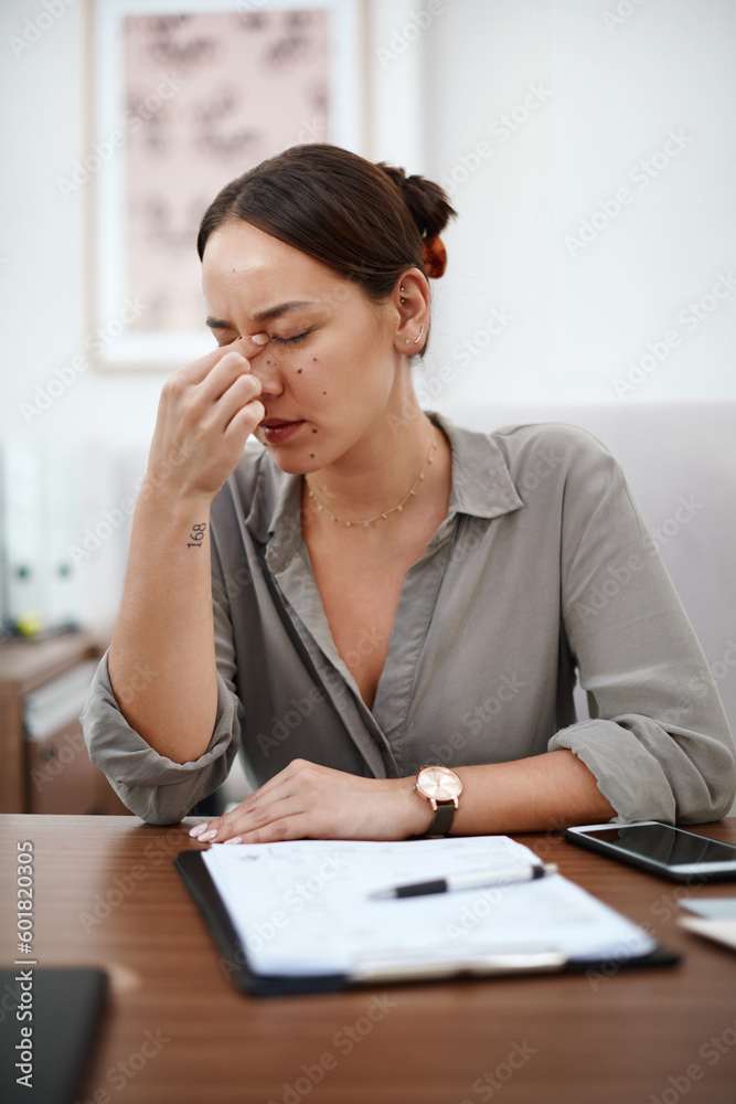 Documents, headache and business woman in office with career burnout, mental health risk and paperwork. Brain fog, problem or pain of asian person or employee for fatigue, stress or anxiety and notes Documents, headache and business woman in office with career burnout, mental health risk and paperwork. Brain fog, problem or pain of asian person or employee for fatigue, stress or anxiety and notes