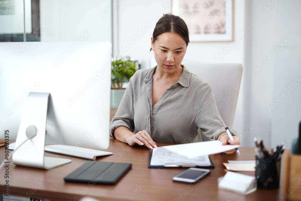 Documents, clipboard and business woman in office for company report, proposal or policy management. Contract analysis and professional asian person reading paperwork or checklist for insurance check Documents, clipboard and business woman in office for company report, proposal or policy management. Contract analysis and professional asian person reading paperwork or checklist for insurance check