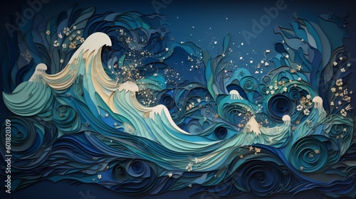 Layered_paper_of_blue waves in the ocean - paperart 