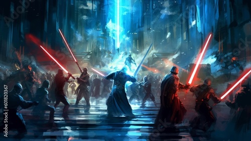 Jedis fighting with lightsabers. Generative AI