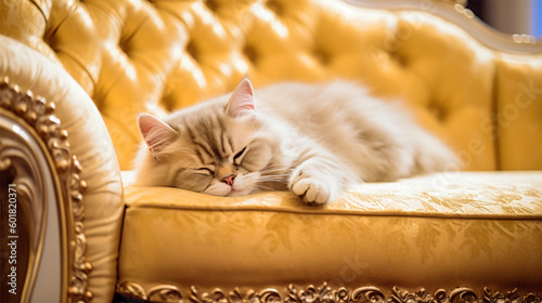 Lazy cat relaxing on an antique sofa - Generative AI
