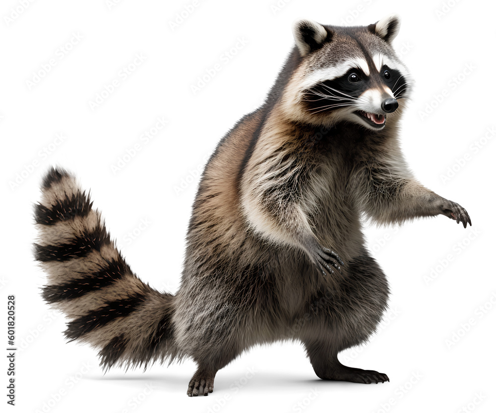 Standing racoon, isolated background. Generative Ai. Standing racoon, isolated background. Generative Ai.