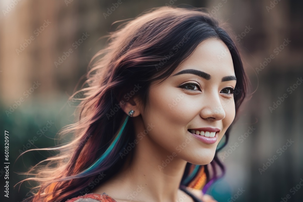 Portrait of the smiling happy grown woman with long multicolored bright rainbow-colored hair on a grey background. Generative AI Portrait of the smiling happy grown woman with long multicolored bright rainbow-colored hair on a grey background. Generative AI