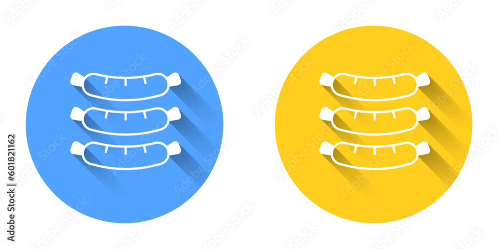 White Sausage icon isolated with long shadow background. Grilled sausage and aroma sign. Circle button. Vector