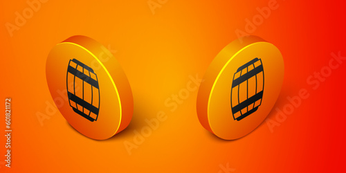 Isometric Wooden barrel icon isolated on orange background. Alcohol barrel, drink container, wooden keg for beer, whiskey, wine. Orange circle button. Vector