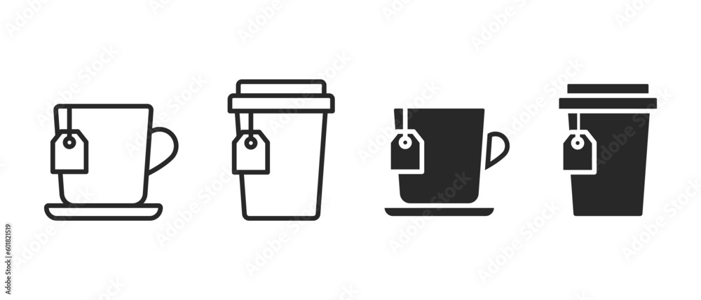 Cup with tea bag vector icon set. Teabag symbol. Herb tea bag packaging for morning beverage logo Cup with tea bag vector icon set. Teabag symbol. Herb tea bag packaging for morning beverage logo