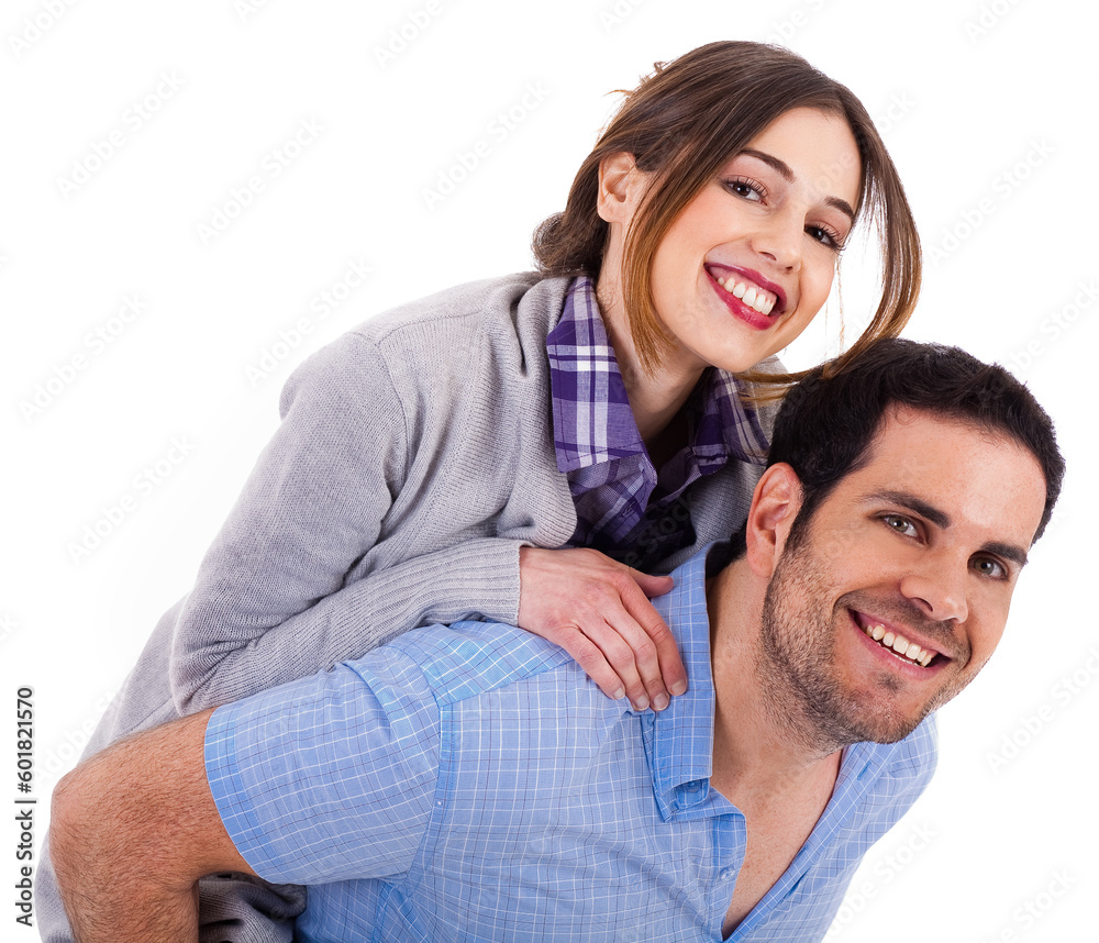 Young man carrying his girlfriend at the back on a white isolated background Young man carrying his girlfriend at the back on a white isolated background
