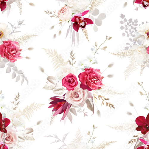 Boho beige and magenta trendy vector design seamless pattern. Pastel pampas grass, ivory peony, pink orchid