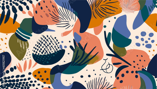 Modern abstract exotic floral pattern. Collage trendy seamless pattern. Hand drawn cartoon style illustration © Eli Berr