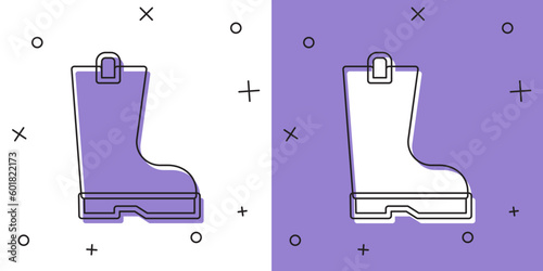 Set Waterproof rubber boot icon isolated on white and purple background. Gumboots for rainy weather, fishing, gardening. Vector