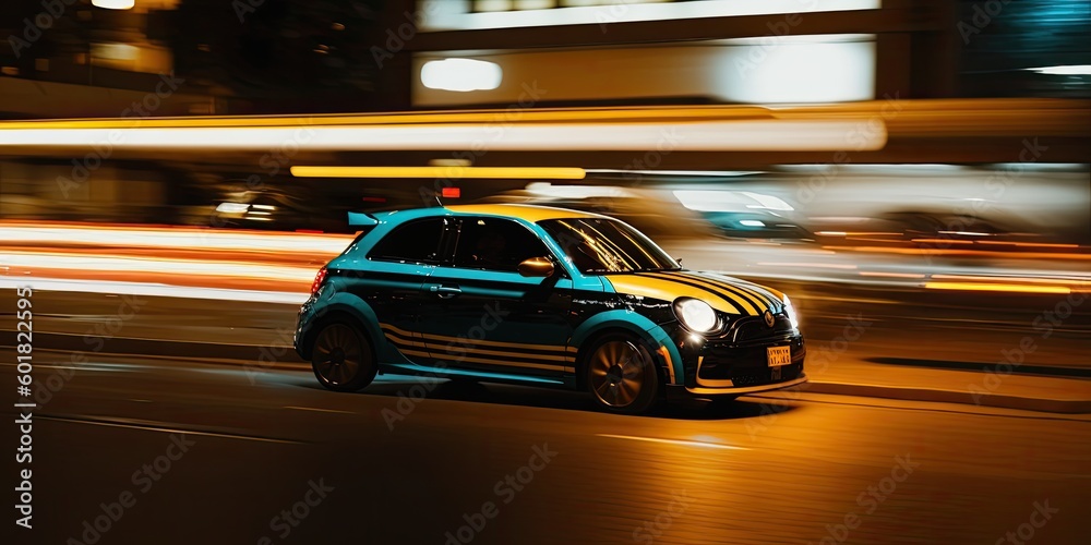 Speeding car in the night. Traffic rushing through the streets. Futuristic luxury sports car photograph with night lights	