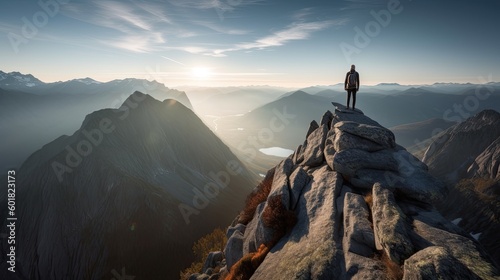 Obraz na plátne Hiker at the summit of a mountain overlooking a stunning view