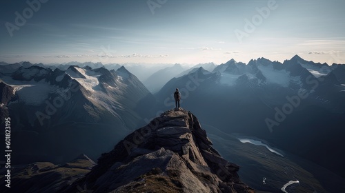 Fotografia Hiker at the summit of a mountain overlooking a stunning view