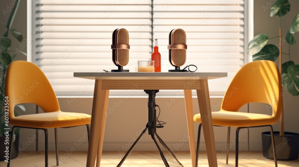 Two microphones for podcast in the studio. Generative AI Two microphones for podcast in the studio. Generative AI