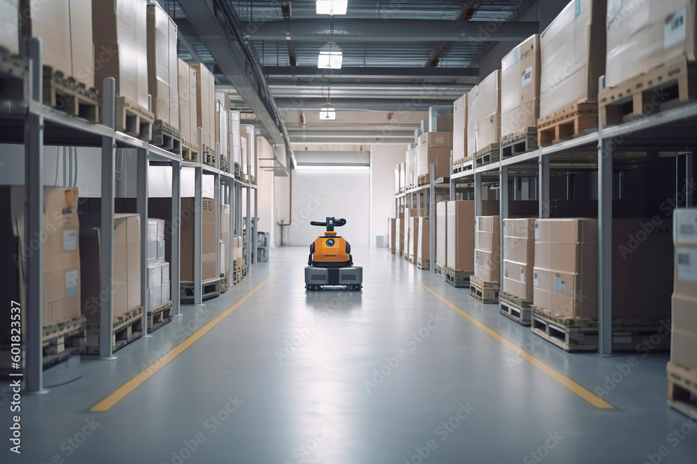 Autonomous robot delivery in warehouses. Smart industry concept. Generative AI illustration
