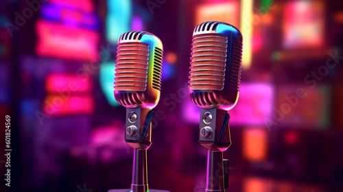 Two microphones for podcast with neon lights in the background. Generative AI
