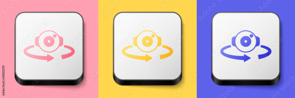 Isometric 360 degree view icon isolated on pink, yellow and blue background. Virtual reality. Angle 360 degree camera. Panorama photo. Square button. Vector Isometric 360 degree view icon isolated on pink, yellow and blue background. Virtual reality. Angle 360 degree camera. Panorama photo. Square button. Vector