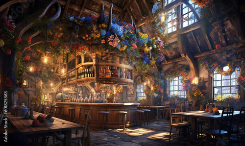 gemütliche, stimmungsvolle mittelalterliche Fantasy-Taverne. generative KI © Meadow