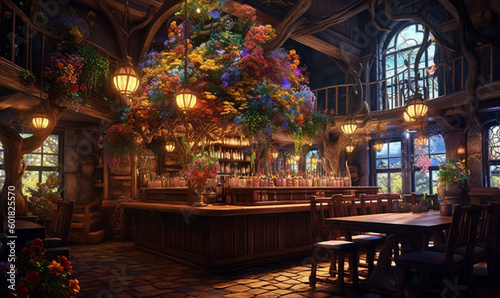 gemütliche, stimmungsvolle mittelalterliche Fantasy-Taverne. generative KI