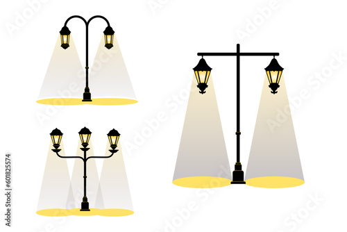 Old street lamp light on, city vintage. Old pole street tight