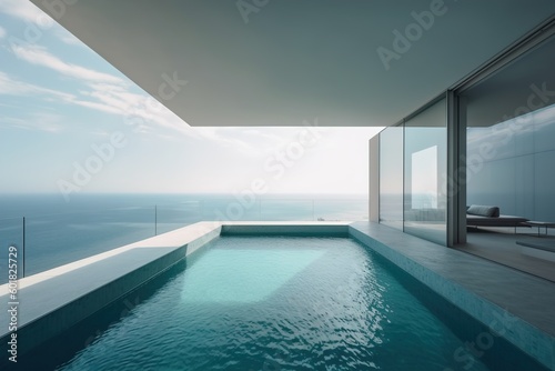 large swimming pool in an oceanfront apartment with ocean view ai generated  © stasknop