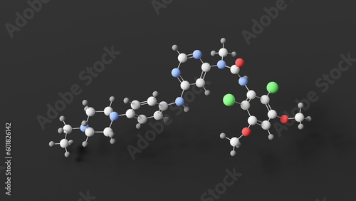 infigratinib molecule, molecular structure, truseltiq, ball and stick 3d model, structural chemical formula with colored atoms