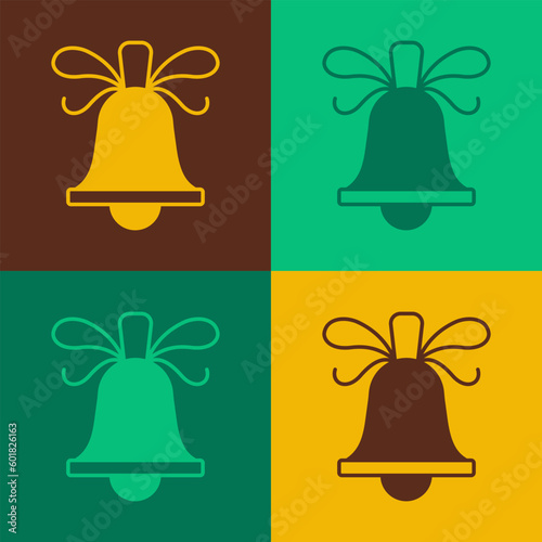 Pop art Merry Christmas ringing bell icon isolated on color background. Alarm symbol, service bell, handbell sign, notification. Vector