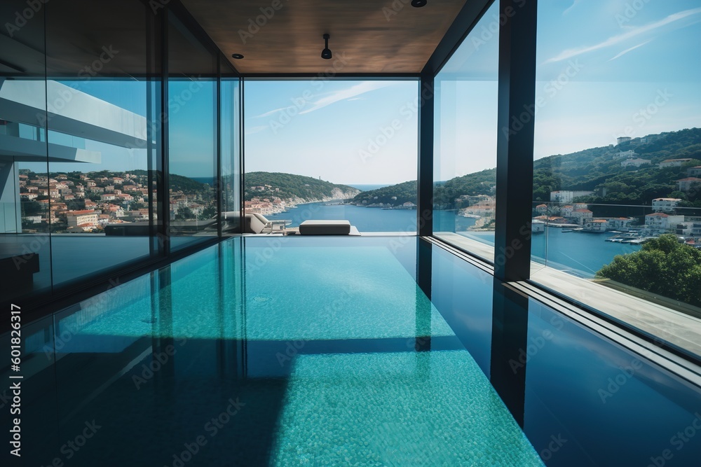 Fototapeta premium large swimming pool in an oceanfront apartment with ocean view ai generated 