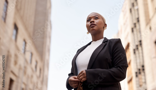 Photography Business, employee and black woman in the city, career and confident lady travelling in town