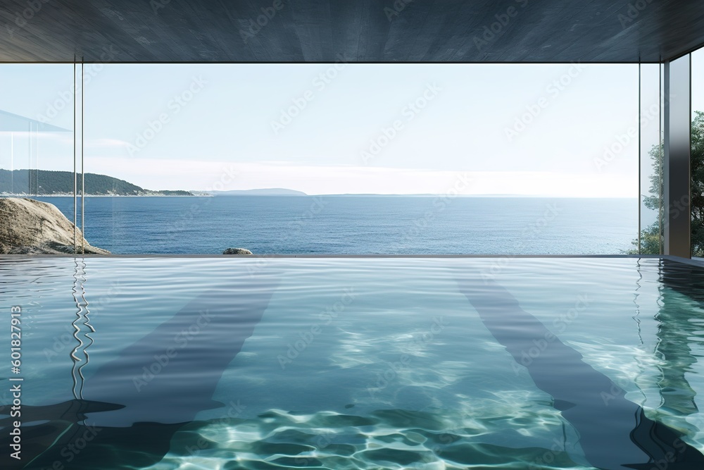 Fototapeta premium large swimming pool in an oceanfront apartment with ocean view ai generated 
