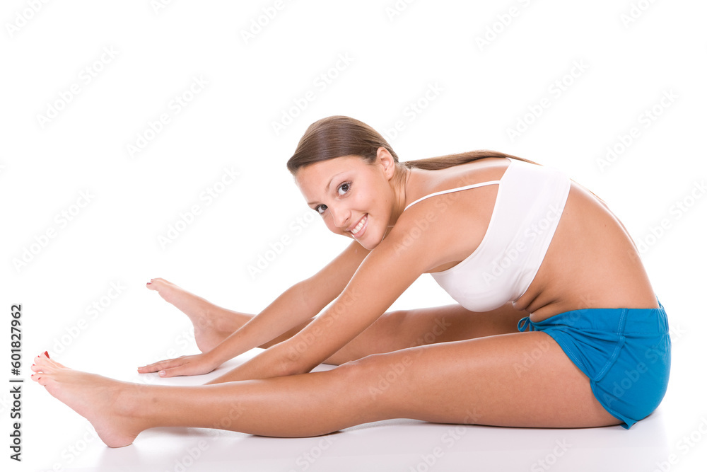 happy young woman in good shape. over white background