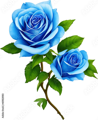 Watercolor botanic garden elegant blue rose flower with leaf created with generative AI technology