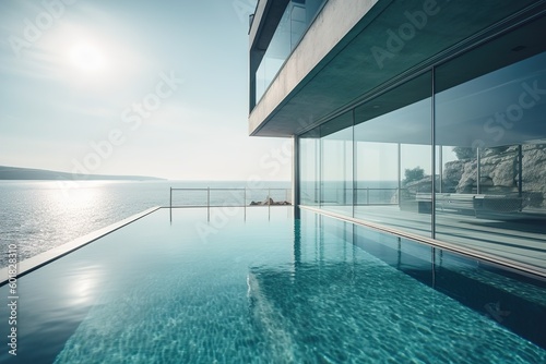 large swimming pool in an oceanfront apartment with ocean view ai generated  © stasknop