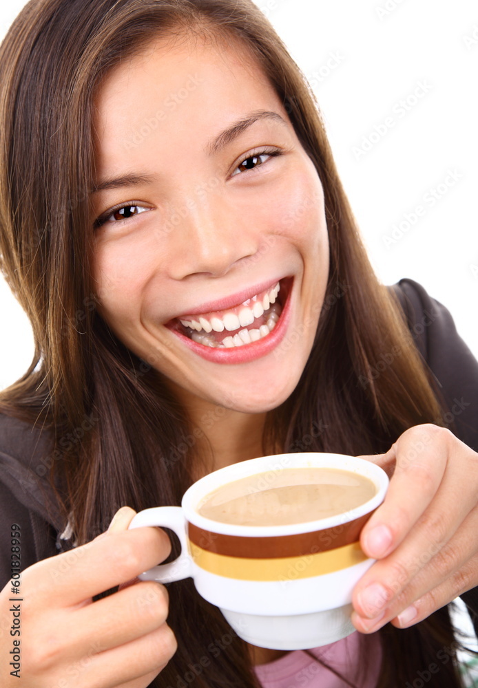 custom made wallpaper toronto digitalYoung woman excited and happy holding her coffee. Isolated on white background.