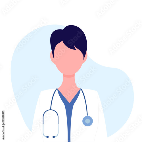 Female doctor therapist or pharmacist with short hair. Doctor with stethoscope. Concept - doctor, healthcare. Vector illustration in flat cartoon style. Isolated on white background.