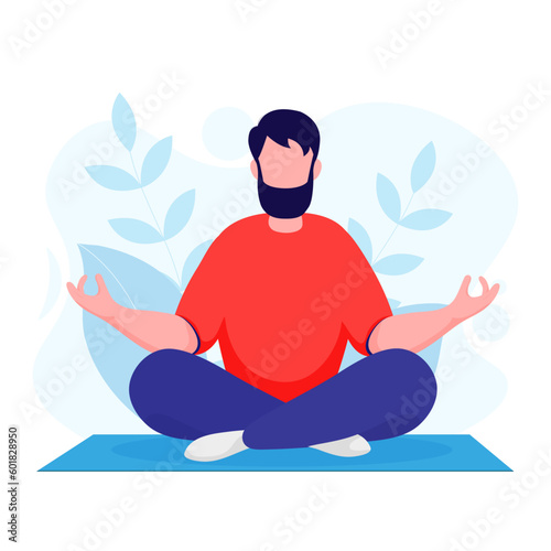 A man with short hair and a beard meditating in nature and sitting on a rug. Illustration for yoga, meditation, and healthy lifestyle. Vector illustration in flat cartoon style.