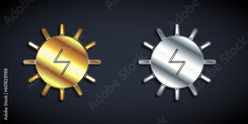 Gold and silver Solar energy panel icon isolated on black background. Sun with lightning symbol. Long shadow style. Vector