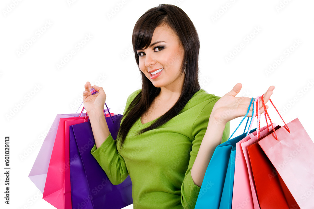 Stock image of woman carrying shopping bags, over white background