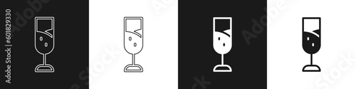 Set Glass of champagne icon isolated on black and white background. Merry Christmas and Happy New Year. Vector