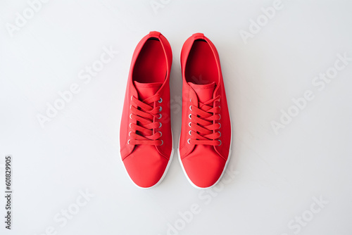 Pair of new stylish white sneakers on red background. International Red Sneakers Day. generative ai