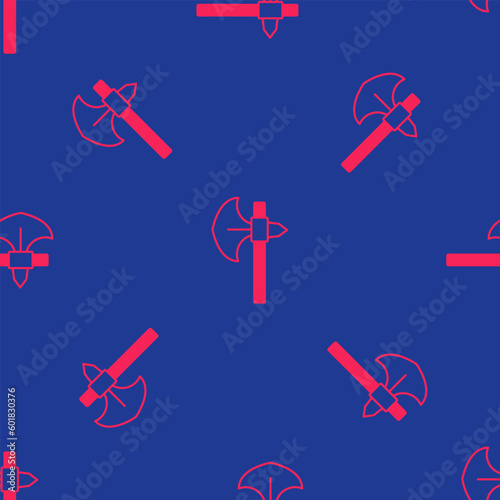 Red Medieval axe icon isolated seamless pattern on blue background. Battle axe, executioner axe. Medieval weapon. Vector