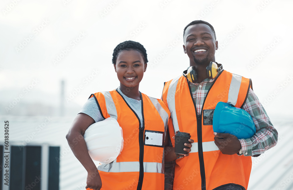 Portrait, engineer team and smile of black people at construction site with coffee. Teamwork, architecture and happy African man and woman with tea, collaboration and cooperation with mockup space.