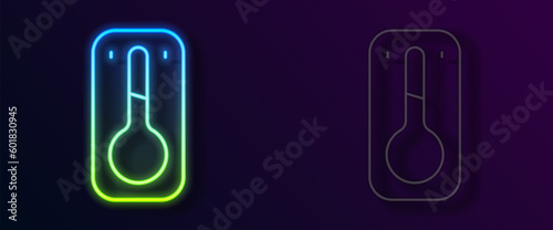 Glowing neon line Coffee thermometer icon isolated on black background. Vector